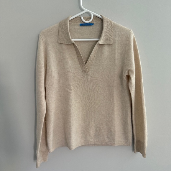 J MCLAUGHLIN ALYCE CASHMERE SWEATER V NECK POLO COLLAR RIBBED CUFFS NEUTRAL S - Picture 2 of 12